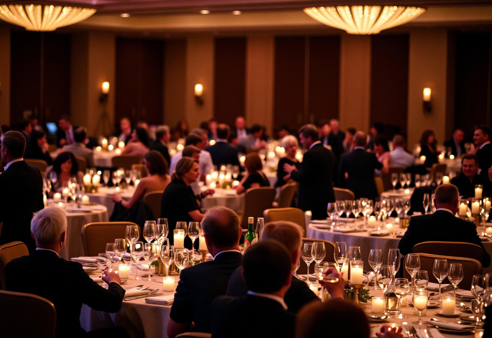 Elegant corporate gala dinner with candlelit tables