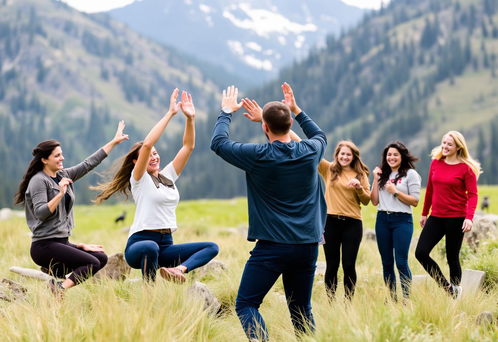 Colleagues celebrating with a group high-five on an offsite