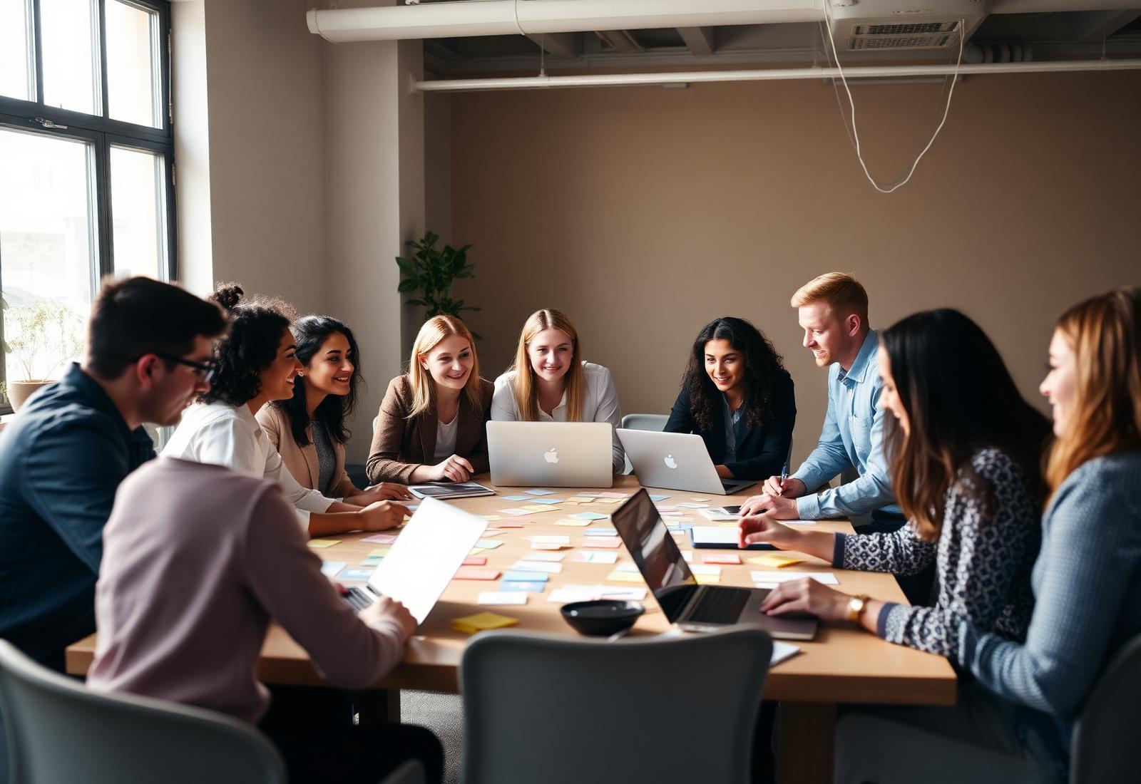 Diverse team collaborating around a workshop table