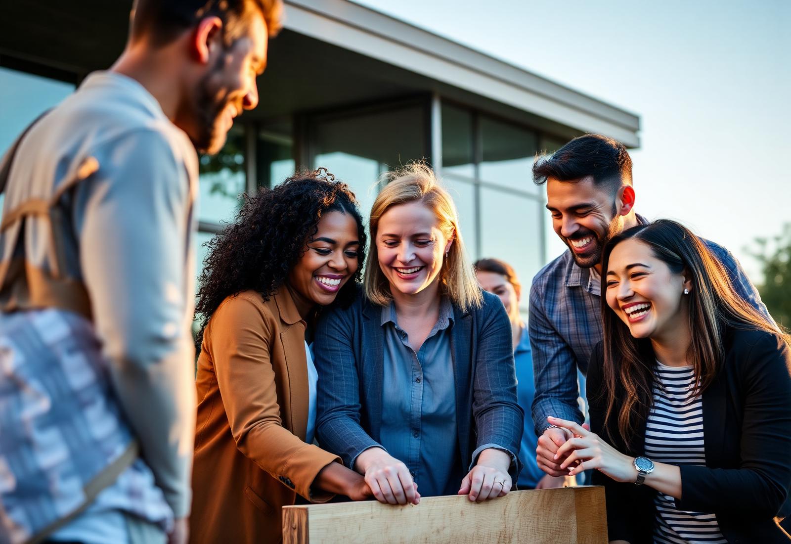 Team-building activity outdoors at golden hour