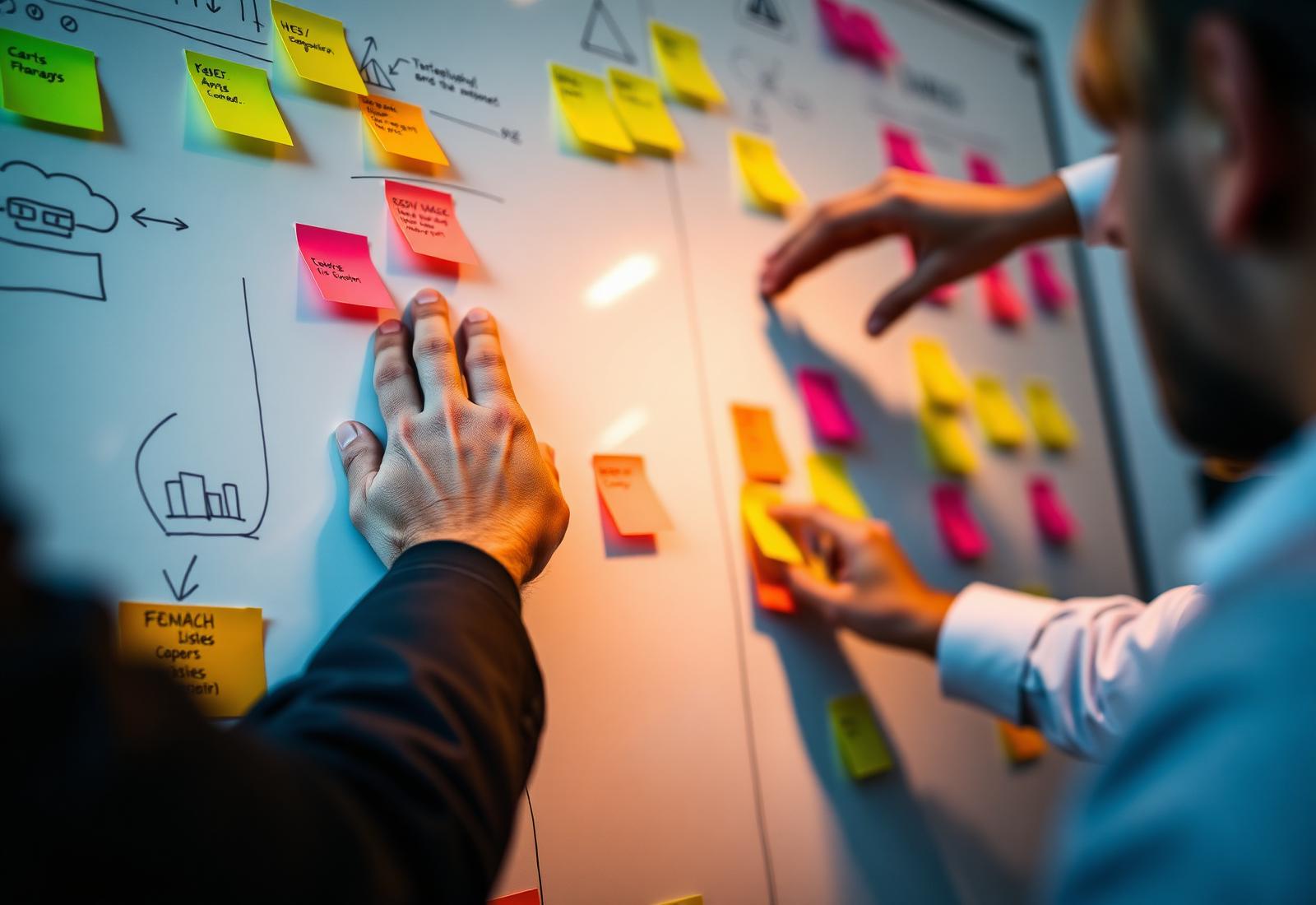 Hands collaborating over a sticky-note covered whiteboard